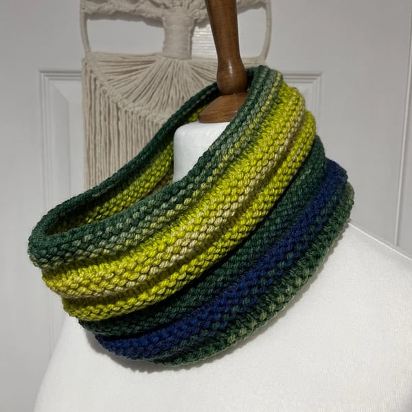 Cowl neck warmer ribbed Green Yellow Blue 16cms wide x 60cms around neck 