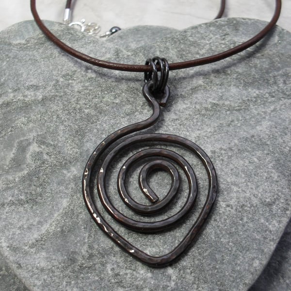 Spiral Oxidised Copper Pendant With Leather Cord and Sterling Silver Vintage