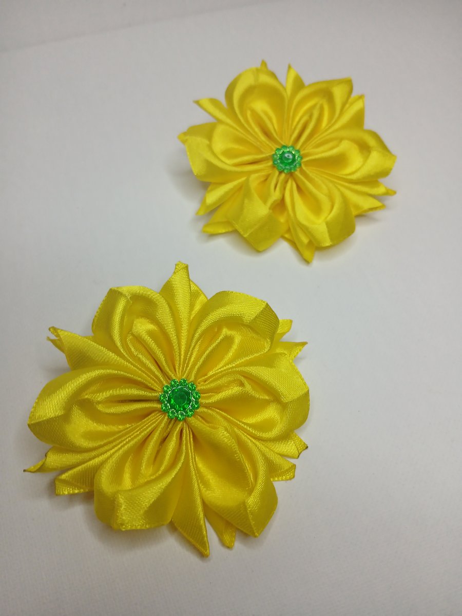 Pair of Bright Yellow Satin Ribbon Flower Hair Ties – Handmade "Sunflower"