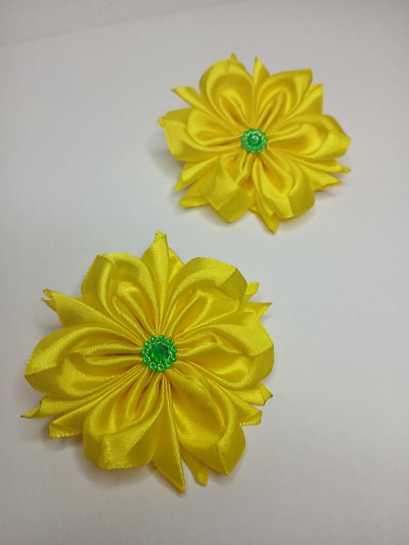 Pair of Bright Yellow Satin Ribbon Flower Hair Ties – Handmade "Sunflower"