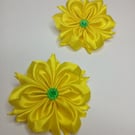 Pair of Bright Yellow Satin Ribbon Flower Hair Ties – Handmade "Sunflower"
