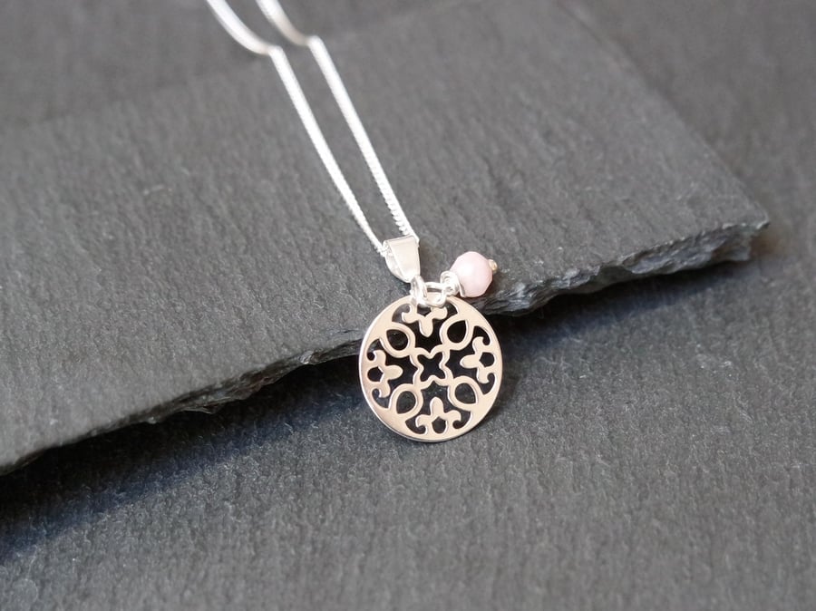 Sterling Silver Flower Mandala Necklace - Peruvian Pink Opal