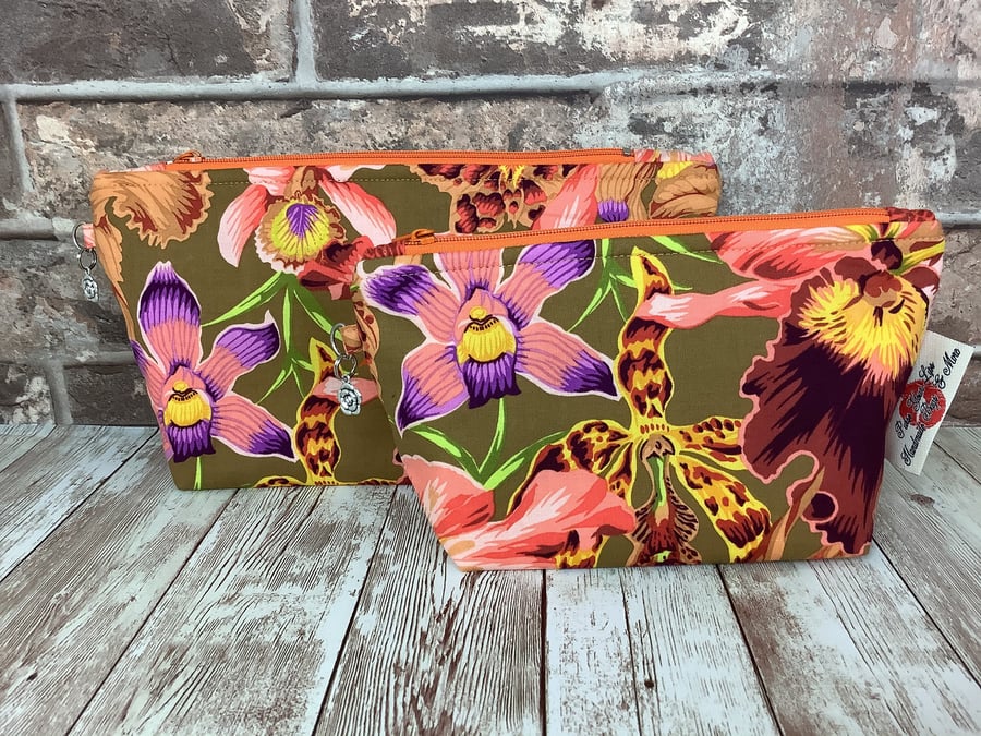 Orchid Flowers Zip case, Makeup bag, Handmade, 2 size options