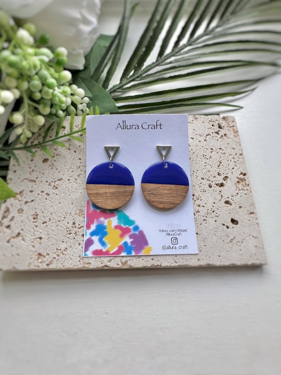 Blue and Walnut circle Earrings  