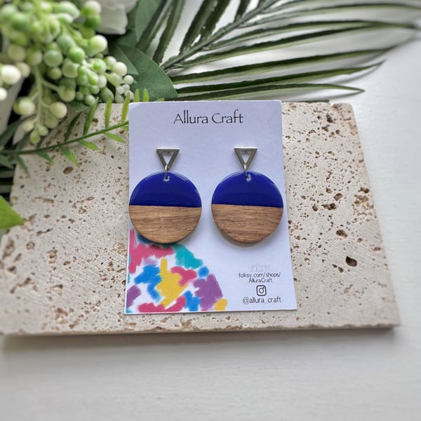 Blue and Walnut circle Earrings  