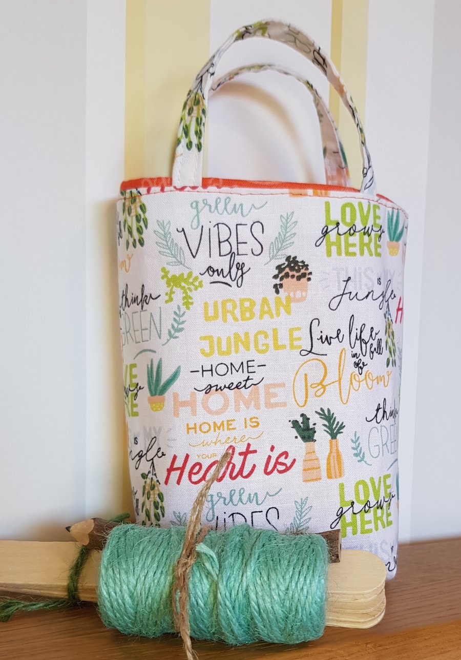 Fabric gardener's gift bag with snips, twine, labels & a pencil; urban jungle 