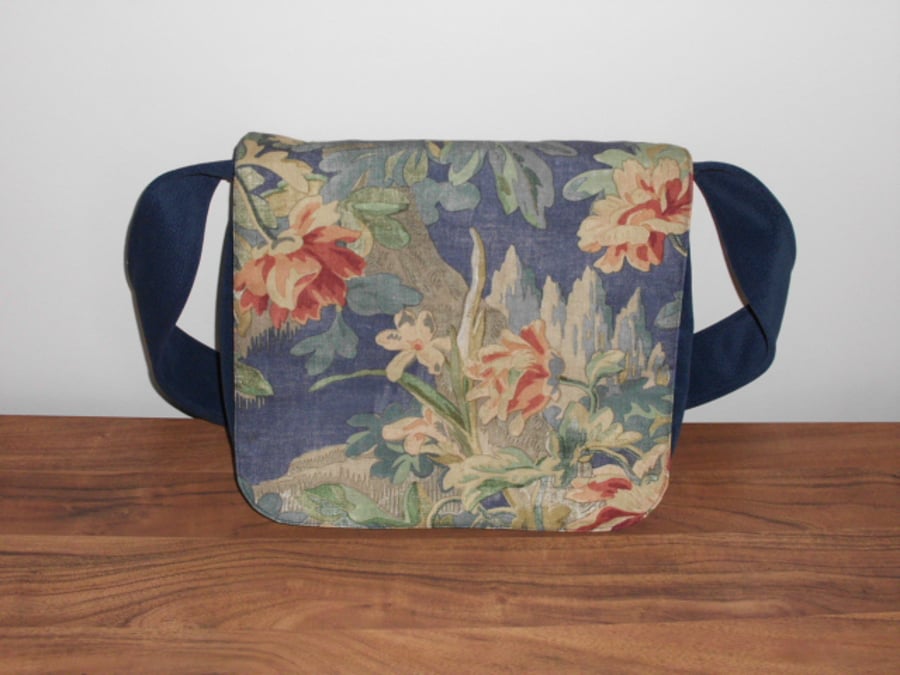 Blue satchel  messenger style bag with floral flap front