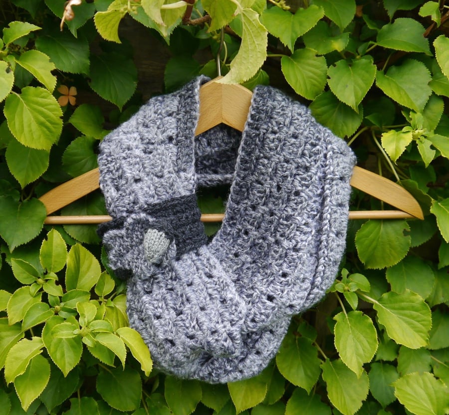 Grey Crochet Infinity Scarf With Acorn and Oak Leaf