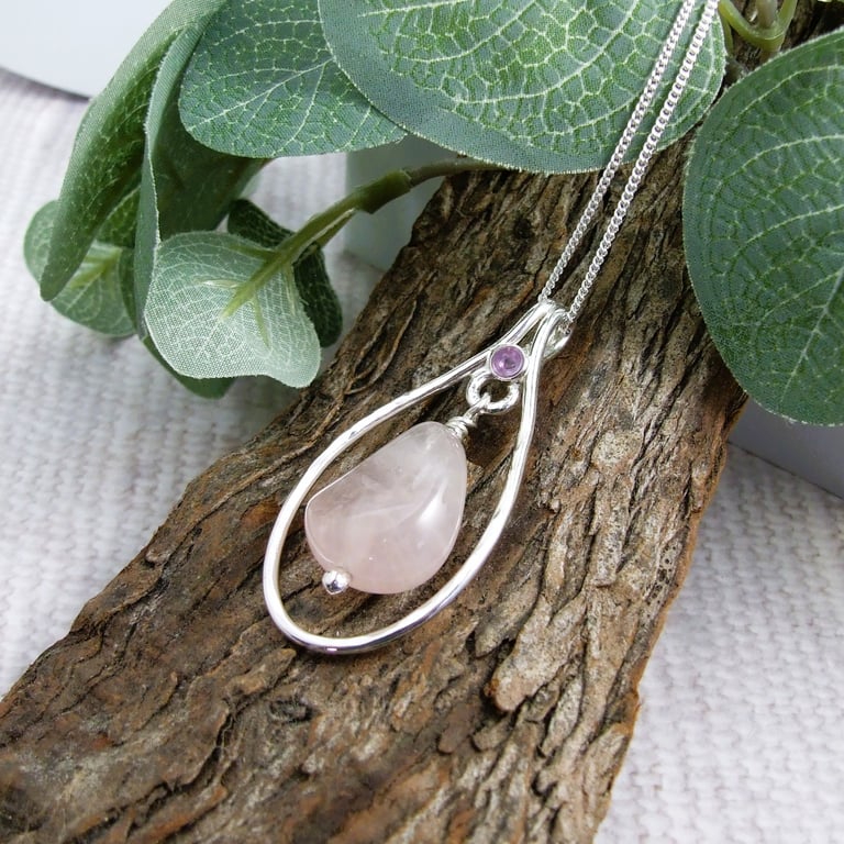 Sterling Silver Necklace with Rose Quartz & Amethyst