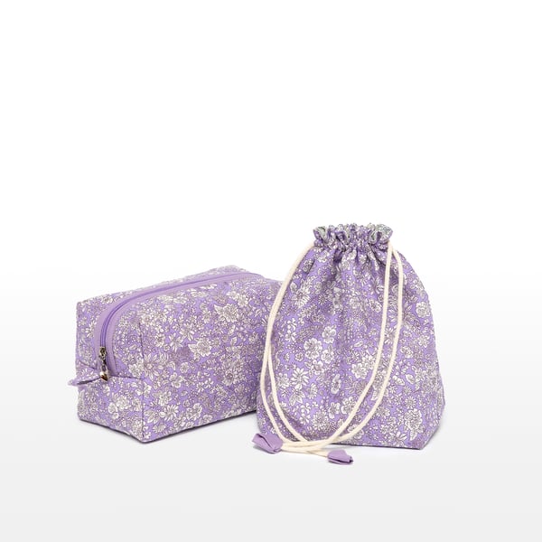 Purple Liberty Print Makeup or Essentials Bag and Pouch Set