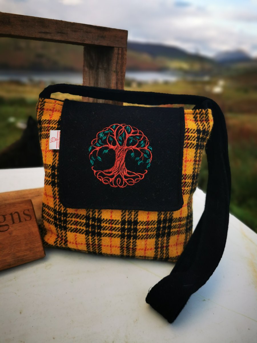 Macleod Tartan Harris Tweed crossbody bag with embroidered celtic tree of life 