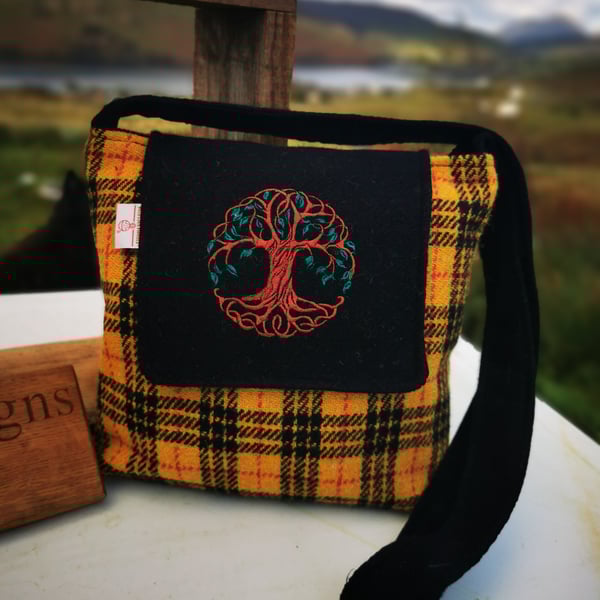 Macleod Tartan Harris Tweed crossbody bag with embroidered celtic tree of life 