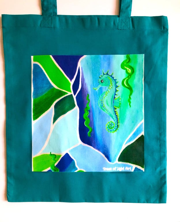 Joyous Tote bag. Fabulous colour tote. Seahorse print on jade green tote bag