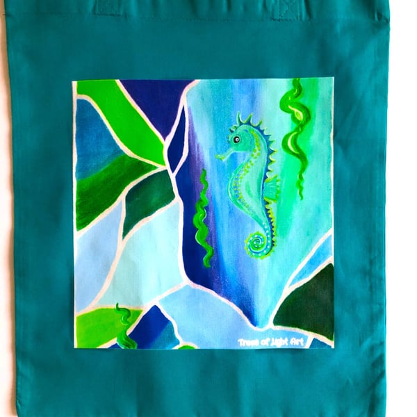 Joyous Tote bag. Fabulous colour tote. Seahorse print on jade green tote bag