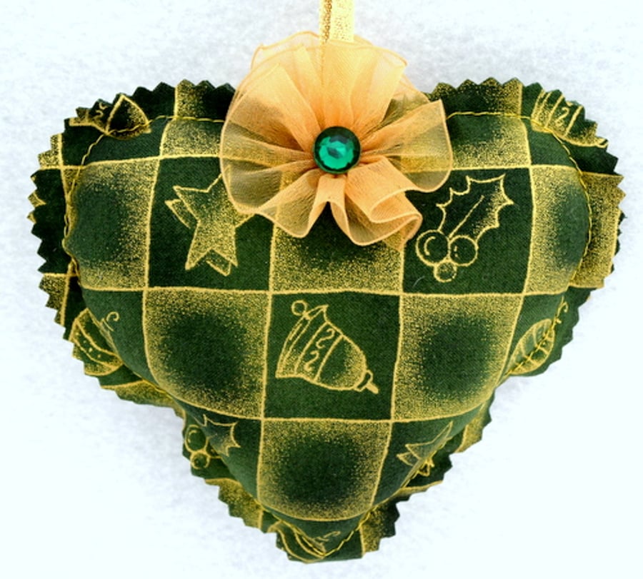 Christmas Heart Hanging Decoration In Festive Fabric