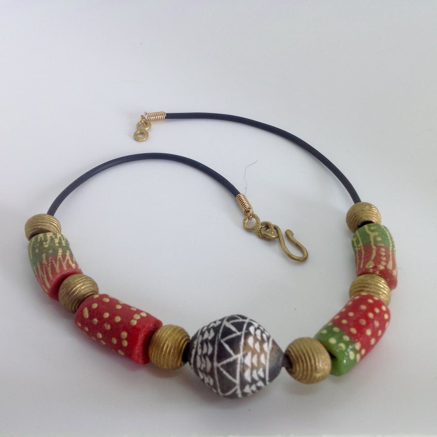 African beads necklace with beads of recycled glass and brass 
