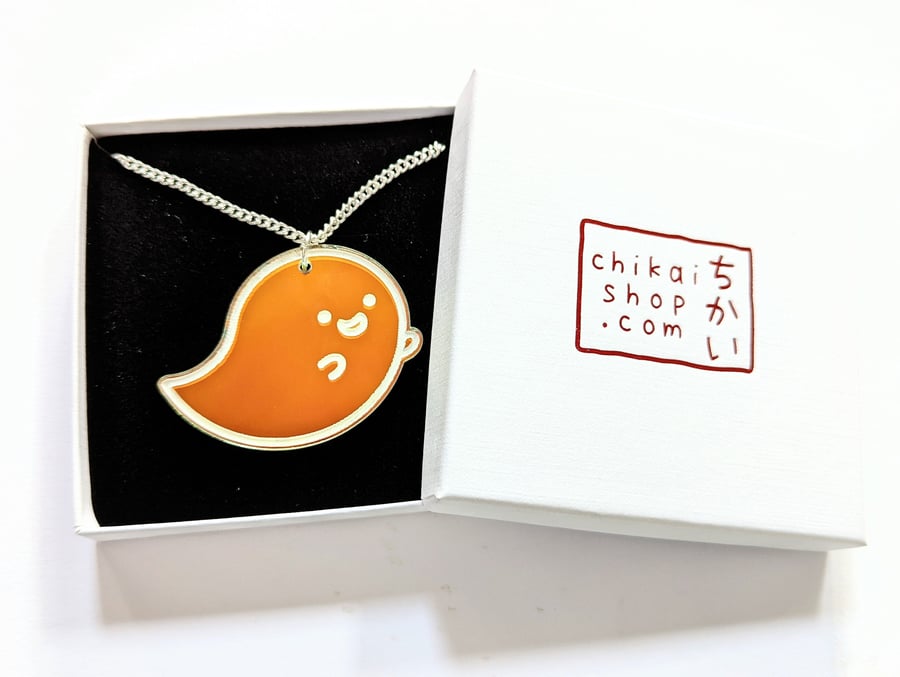 Halloween Ghost necklace on iridescent translucent acrylic with silver plated