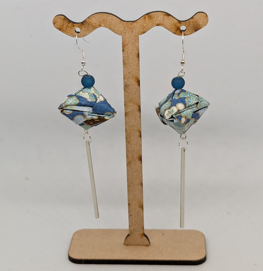 Dangle earrings: plum blossoms on turquoise Japanese paper