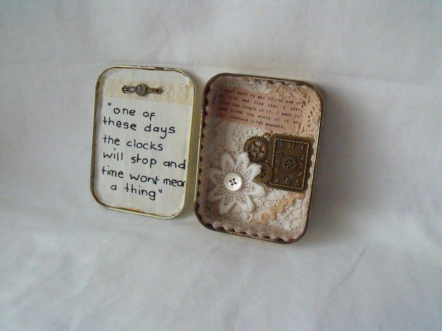 time is precious tin diorama, small keepsake miniature art in a tobacco tin. 