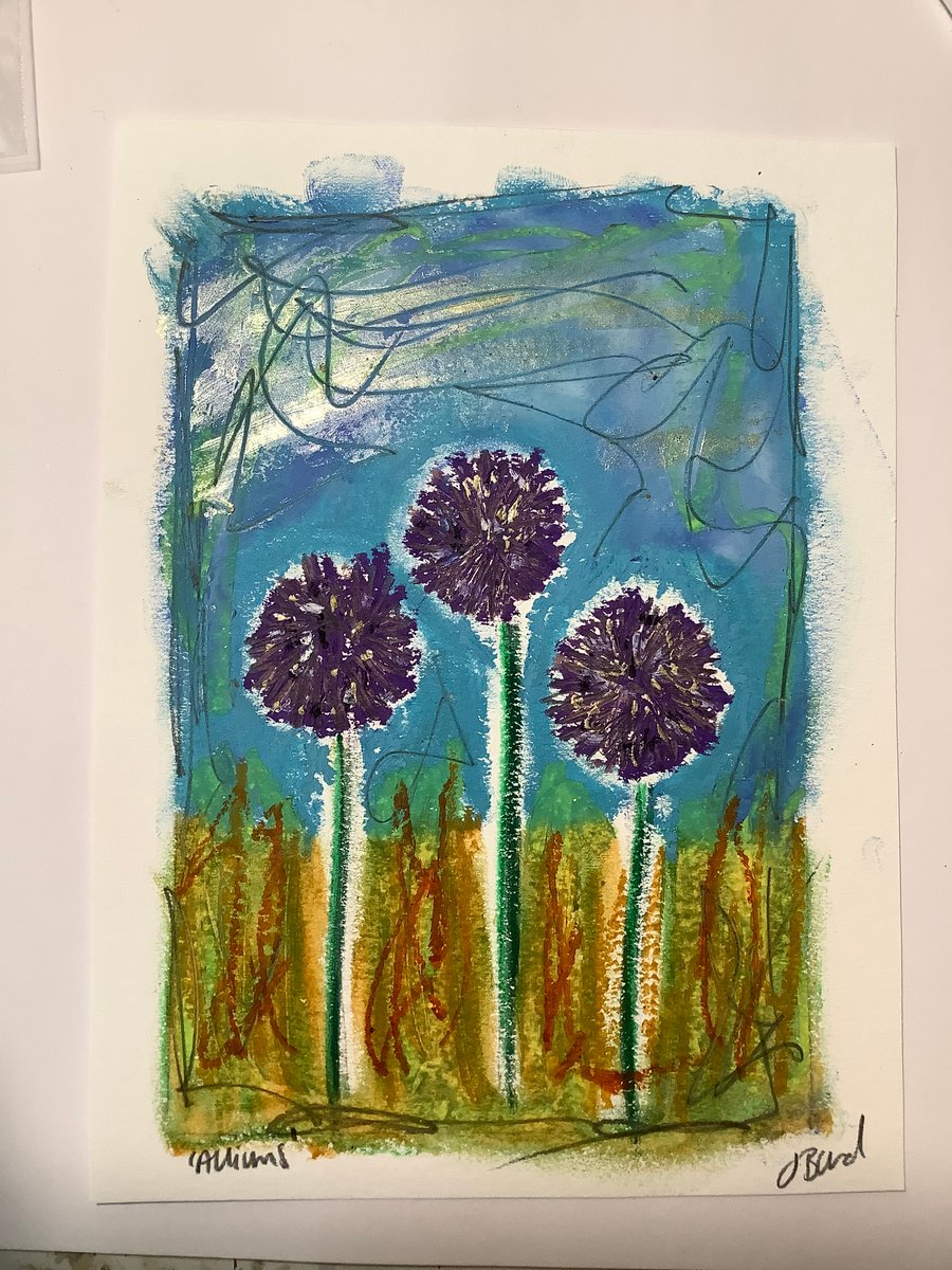 Alliums. Spring art. Oil pastel drawing. Garden flowers. Original wall art. 