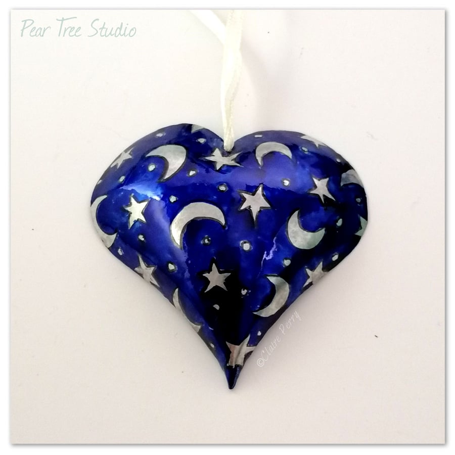 Small Blue Metal Heart Decoration with Moons and Stars pattern. Hand Made.