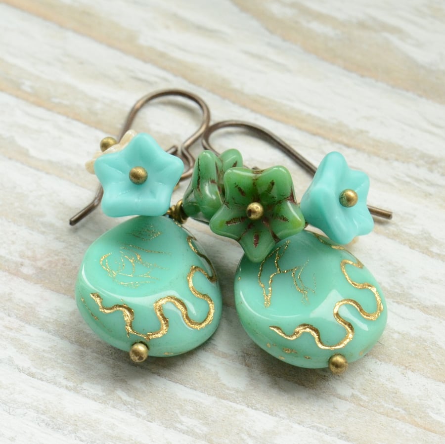 Aqua Turquoise Czech Drop and Flower Cluster Earrings