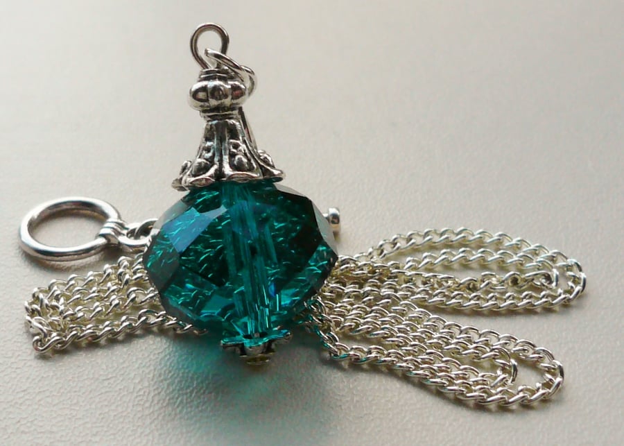 Teal Blue Glass 'Perfume Bottle' Pendant Necklace   KCJ579