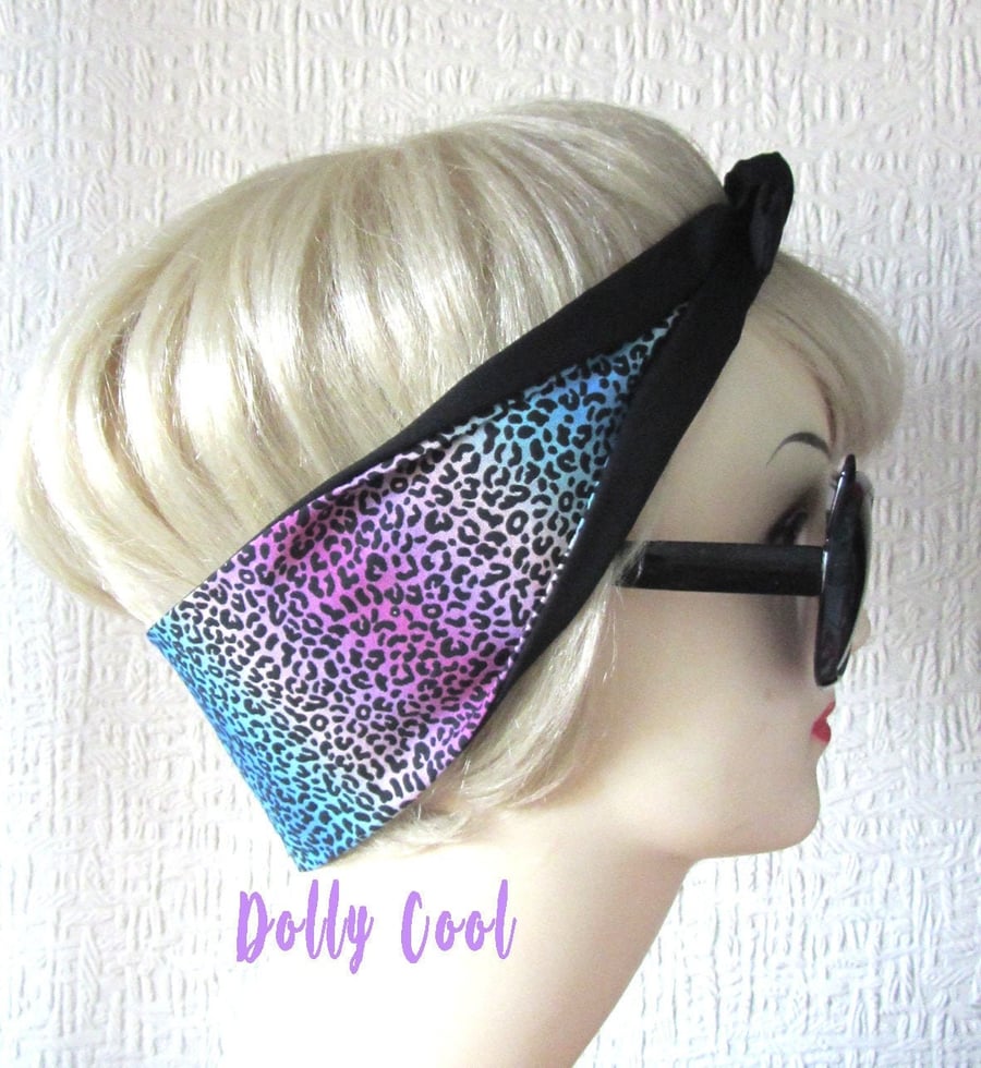 Leopard Print Hair Tie Rainbow - Rockabilly Scarf - Head Wrap - Hair Band - Band