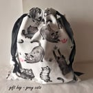 Grey Cat Drawstring Gift Bag, Eco Friendly Reusable Fabric Bag
