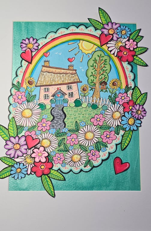 A cute little cottage with rainbow layered original piece