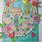 A cute little cottage with rainbow layered original piece