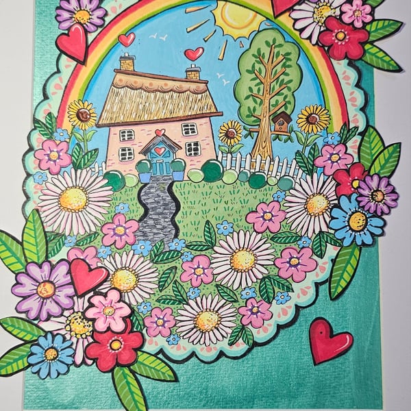 A cute little cottage with rainbow layered original piece