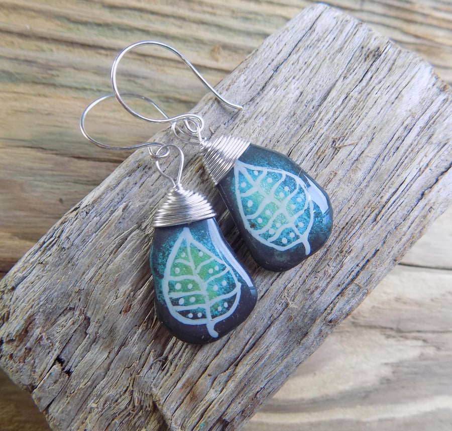 Slate leaf earrings with sterling silver hooks