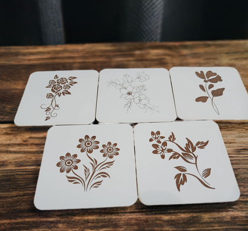 Set of 5 Flower White Wood Drink Coasters Collection.