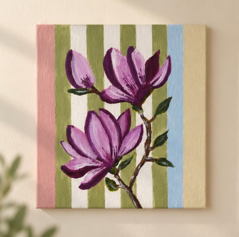 Original Magnolia Flower Painting, Hand-Painted Floral Canvas, Purple Flower