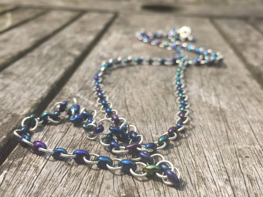 Czech Glass Blue Iridescent Bead Necklace