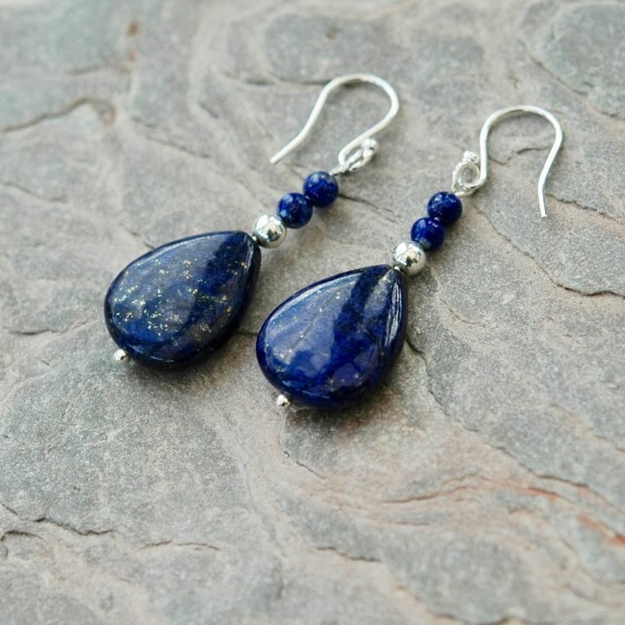 Lapis lazuli Drop Earrings with Sterling Silver,  E106