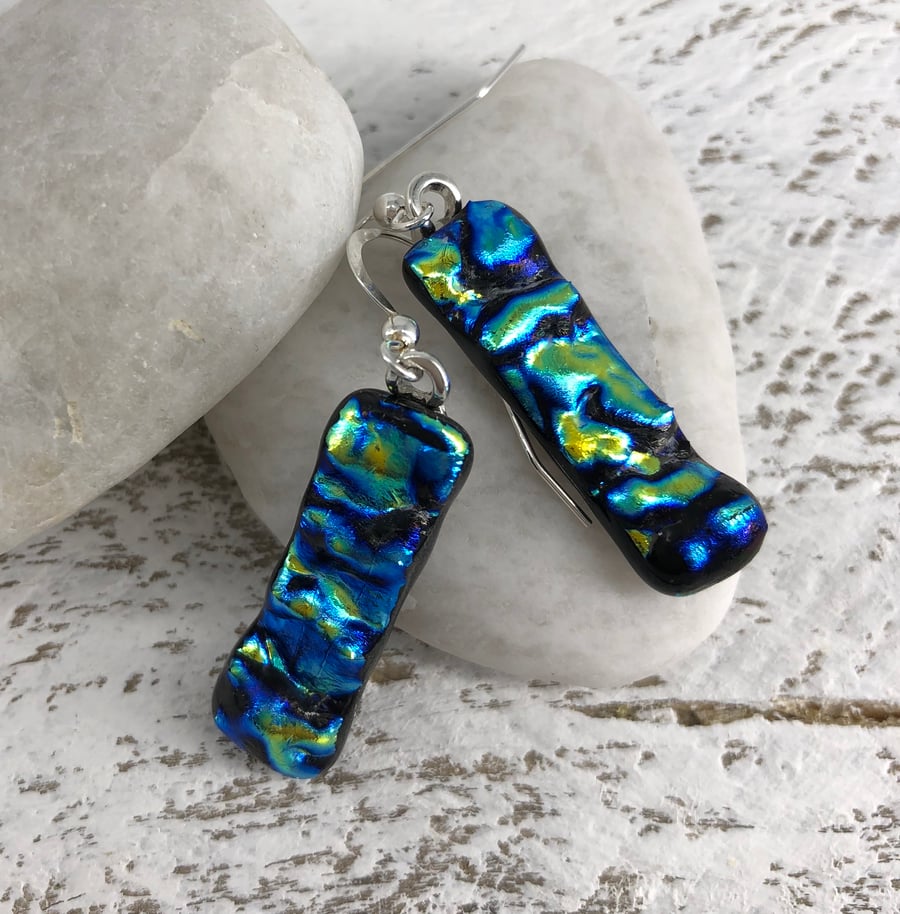 Blue & Green Dichroic Glass Drop Earrings on Silver Wires