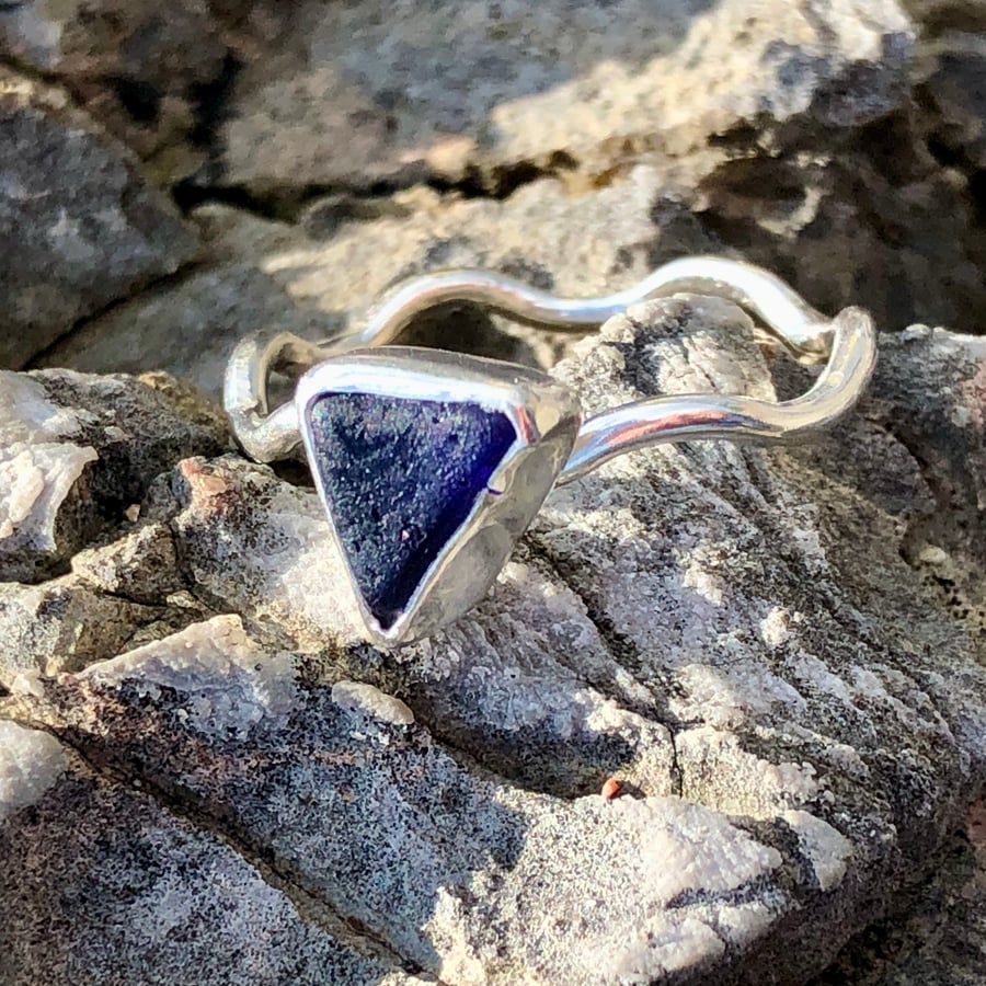 Dark Cobalt Blue Sea Glass Sterling Silver Ring - Size Q - 1151