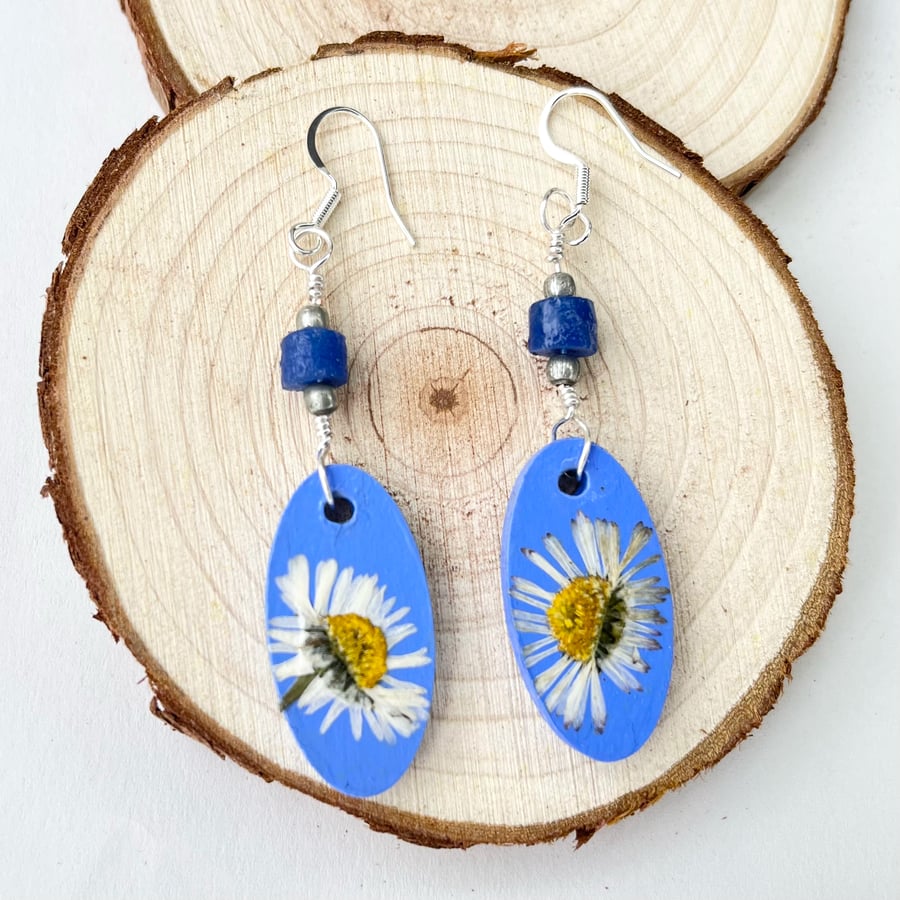 Real Pressed Daisy Dangle Sliver Plated Wood and Bead Earrings