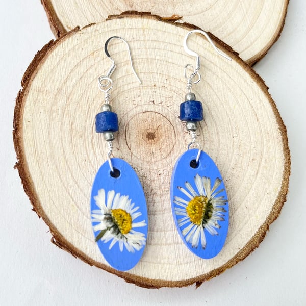 Real Daisies Dangle Sliver Plated Wood and Bead Earrings