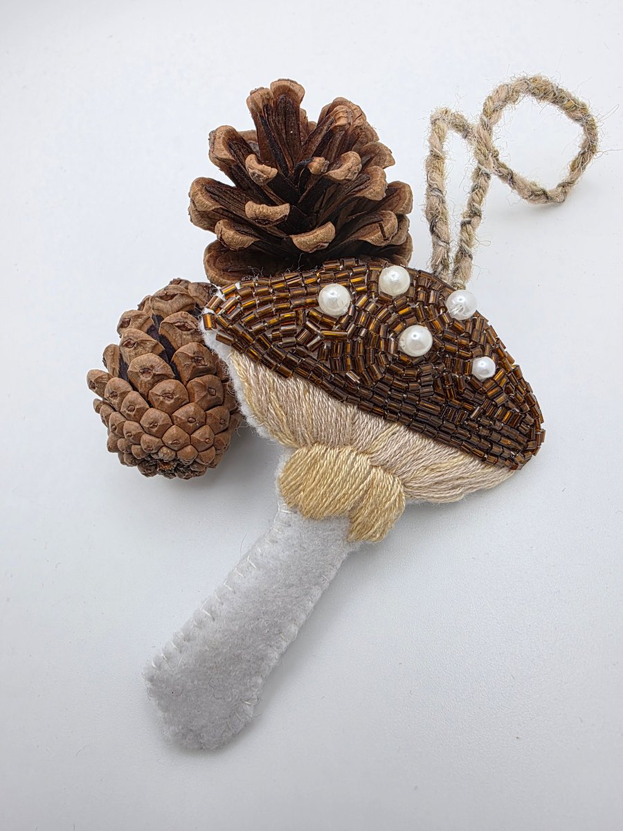 Bead embroidered mushroom decoration