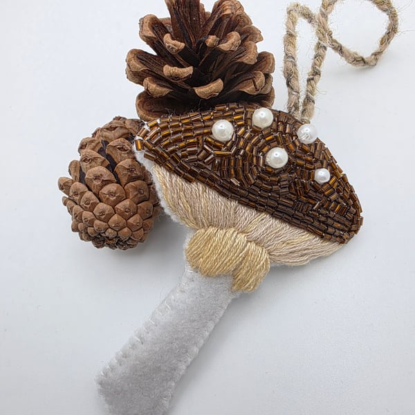 Bead embroidered mushroom decoration