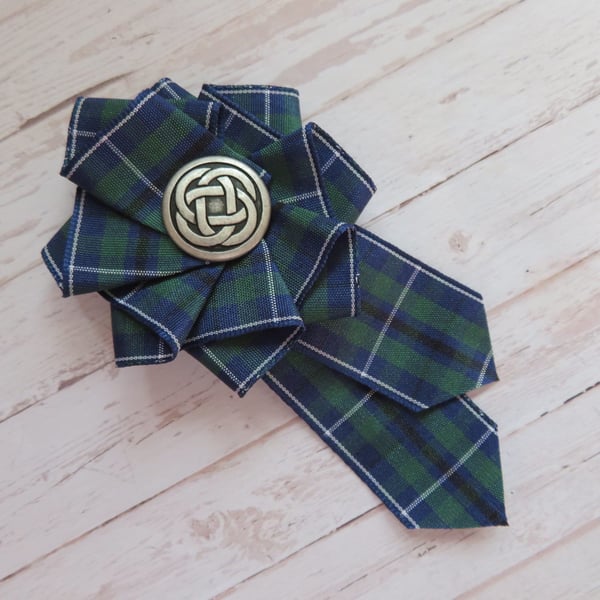 Douglas Modern Tartan Ruffle Rosette Mini Brooch Pin Scottish Plaid Ribbon