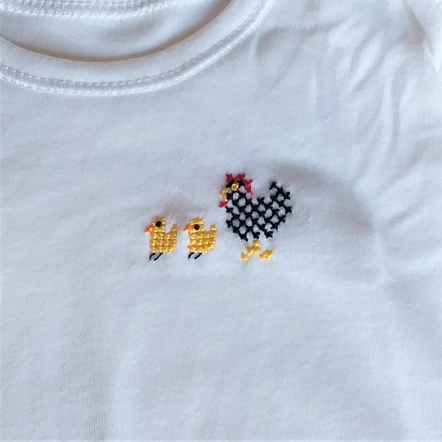 Hen and Chicks, Baby Vest, age 9-12 months, hand embroidered