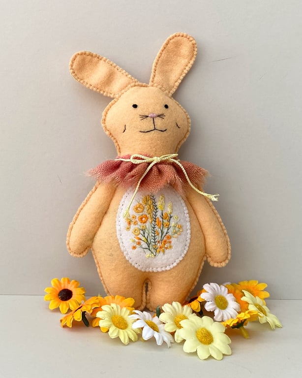 Hand sewn bunny, collectable woodland rabbit, embroidered hare wall hanging 