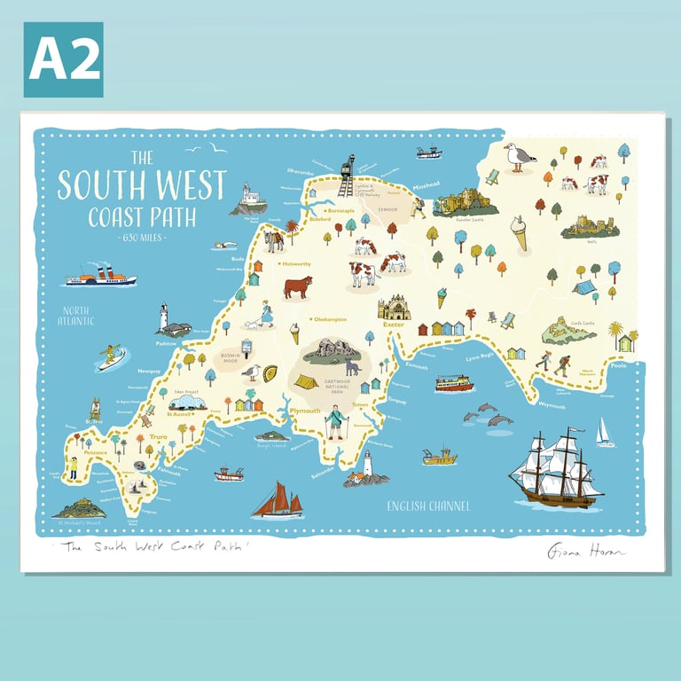 South West Coast Path A2 illustrated map poster by Fiona Horan