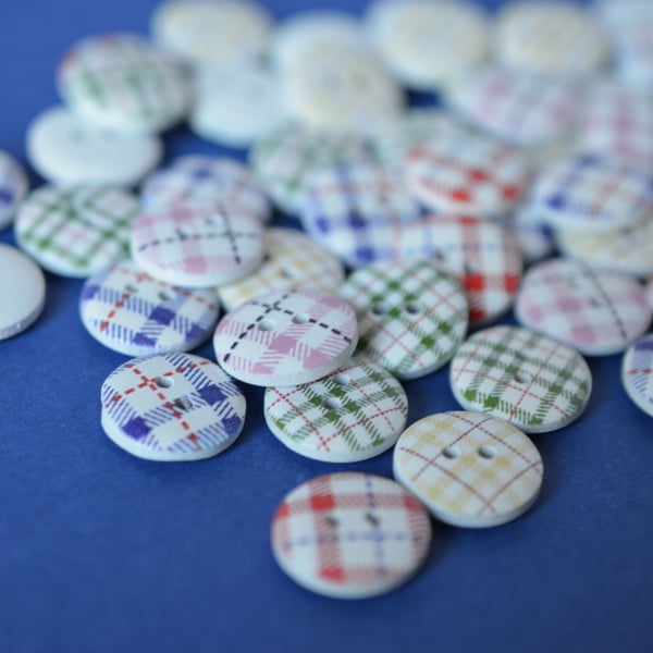 15mm Wooden Tartan Plaid Buttons Mixed 10pk Checked Check (SCK6)