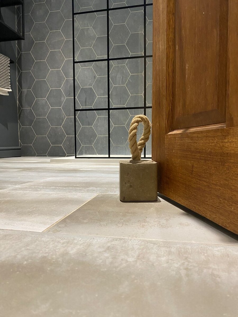 Doorstop Cube in Grey Concrete with Rope Handle. Home Gift for Kitchen Bathroom