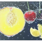 Sumptuous Peach & Fruits in Bubbles on Black Background Glass Chopping Board